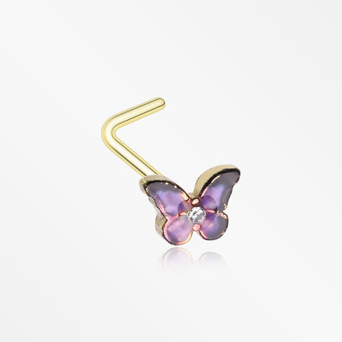 Golden Mystic Purple Butterfly Sparkle L-Shaped Nose Ring-Clear Gem/Purple