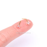 Detail View 2 of Golden Cherry Blossom Flower Sparkle L-Shaped Nose Ring-Clear Gem/Pink