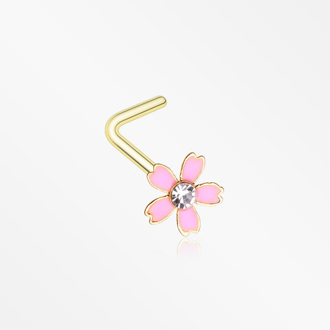Golden Cherry Blossom Flower Sparkle L-Shaped Nose Ring-Clear Gem/Pink