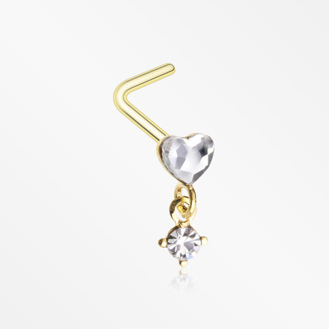 Golden Heart Sparkle Prong Dangle L-Shaped Nose Ring-Clear Gem
