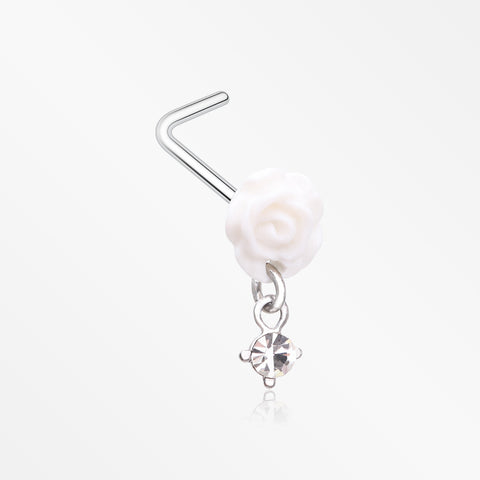 Blossom Rose Sparkle Dangle L-Shaped Nose Ring-White/Clear Gem