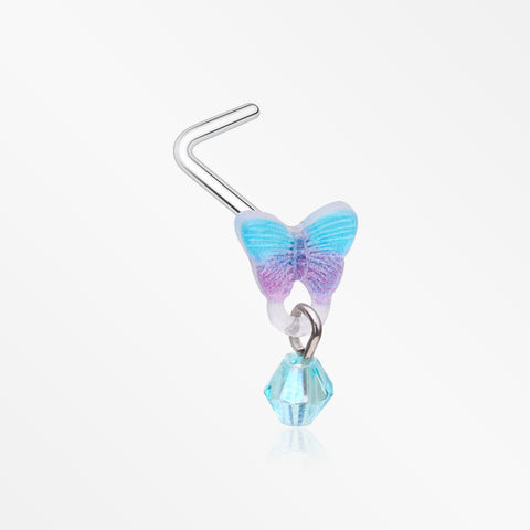 Kawaii Pop Blurple Butterfly Sparkle Dangle L-Shaped Nose Ring-Aqua/Purple
