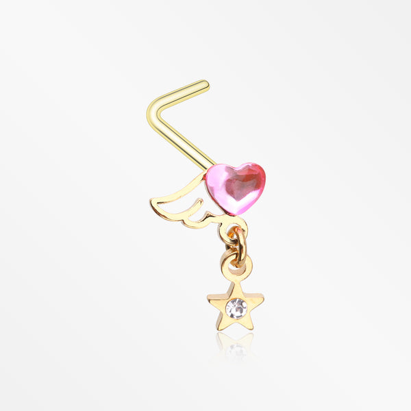 Golden Angel Heart Sparkle Star Dangle L-Shaped Nose Ring-Pink/Clear Gem