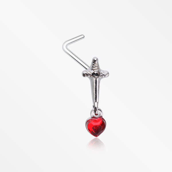 Royal Dagger Blood Red Heart Gem Dangle L-Shaped Nose Ring-Hematite/Red