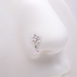 Detail View 1 of Brilliant Rose Pink Flower Sparkle Dangle L-Shaped Nose Ring-Rose Water Opal/Clear Gem
