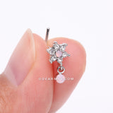 Detail View 2 of Brilliant Rose Pink Flower Sparkle Dangle L-Shaped Nose Ring-Rose Water Opal/Clear Gem