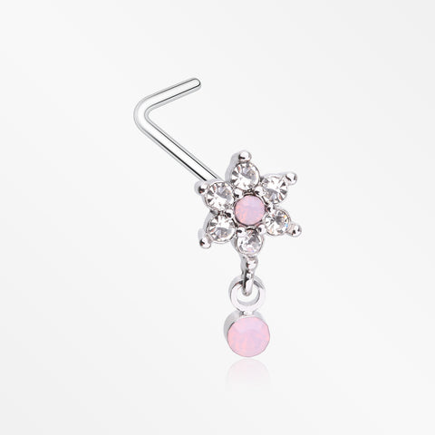 Brilliant Rose Pink Flower Sparkle Dangle L-Shaped Nose Ring-Rose Water Opal/Clear Gem
