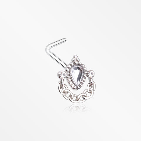 Mandala Ornate Sparkle Chain Dangle L-Shaped Nose Ring-Clear Gem