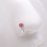 Detail View 1 of Lacey Heart Filigree Sparkle Dangle L-Shaped Nose Ring-Red/Clear Gem