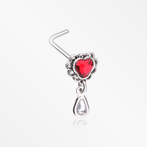 Lacey Heart Filigree Sparkle Dangle L-Shaped Nose Ring-Red/Clear Gem