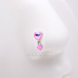 Detail View 1 of Pink Power Iridescent Puffy Heart Dangle L-Shaped Nose Ring-Pink/Aurora Borealis