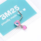Detail View 4 of Pink Power Iridescent Puffy Heart Dangle L-Shaped Nose Ring-Pink/Aurora Borealis
