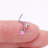 Detail View 2 of Pink Power Iridescent Puffy Heart Dangle L-Shaped Nose Ring-Pink/Aurora Borealis