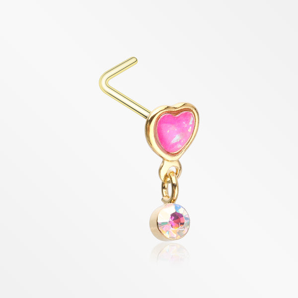 Golden Opalescent Glitter Heart Sparkle Dangle L-Shaped Nose Ring-Pink/Aurora Borealis