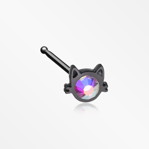Blackline Adorable Cat Face Iridescent Sparkle Nose Stud Ring-Black/Aurora Borealis