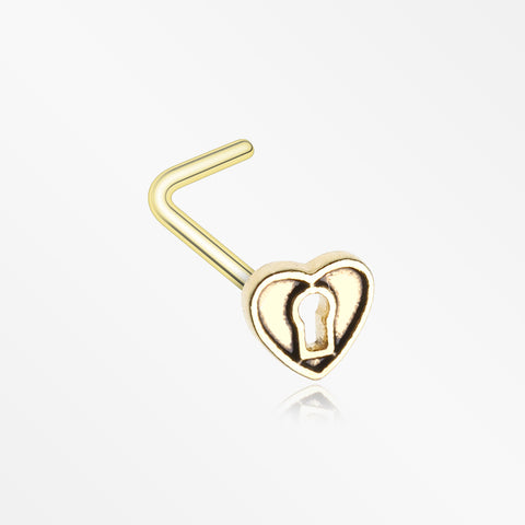 Golden Antique Heart Lock L-Shaped Nose Ring-Gold