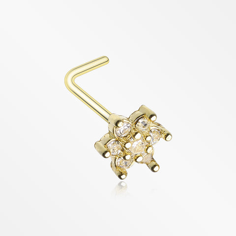 Golden Spring Flower Sparkle Prong Set L-Shaped Nose Ring-Clear