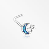 Opal Sparkle Crescent Moon & Star L-Shaped Nose Ring-Blue