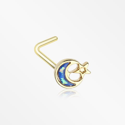 Golden Opal Sparkle Crescent Moon & Star L-Shaped Nose Ring-Blue