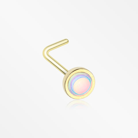 Golden Bezel Set Iridescent Revo Sparkle L-Shaped Nose Ring-Rainbow/Multi-Color