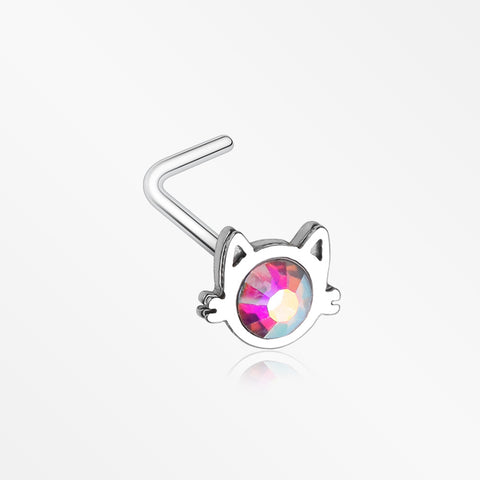 Adorable Cat Face Iridescent Sparkle L-Shaped Nose Ring-Aurora Borealis