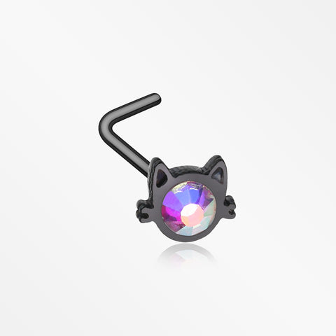 Blackline Adorable Cat Face Iridescent Sparkle L-Shaped Nose Ring-Black/Aurora Borealis