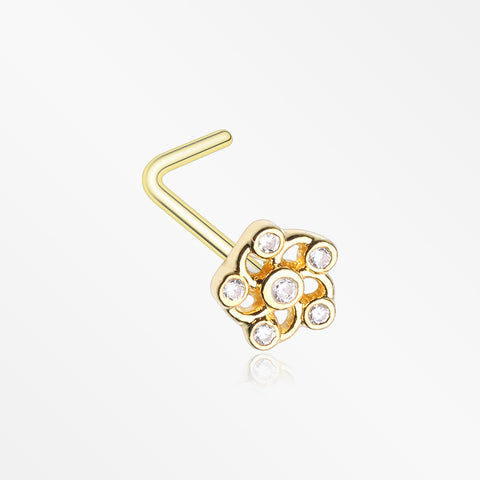 Golden Jasmine Flower Sparkle L-Shaped Nose Ring -Clear