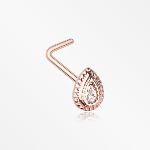 Rose Gold Bali Avice Teardrop Sparkle L-Shaped Nose Ring-Clear