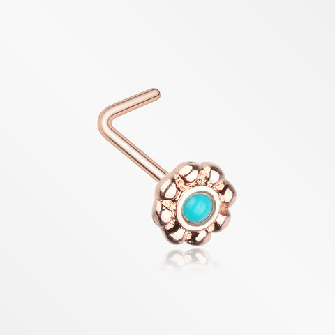 Rose Gold Bali Flower Turquoise L-Shaped Nose Ring-Turquoise