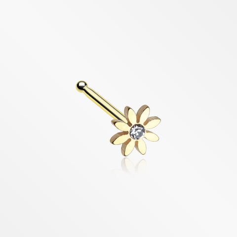 Golden Cutesy Daisy Flower Sparkle Nose Stud Ring-Clear
