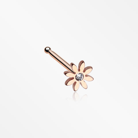 Rose Gold Cutesy Daisy Flower Sparkle Nose Stud Ring-Clear