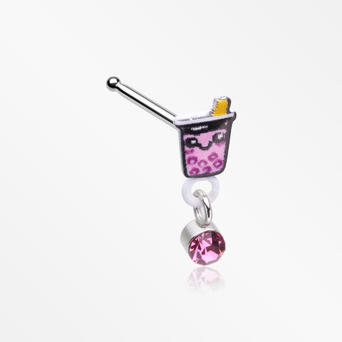 Cute Boba Tapioca Drink Sparkle Dangle Nose Stud Ring-Pink