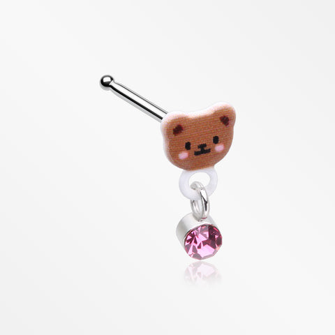 Adorable Teddy Bear Sparkle Dangle Nose Stud Ring-Pink