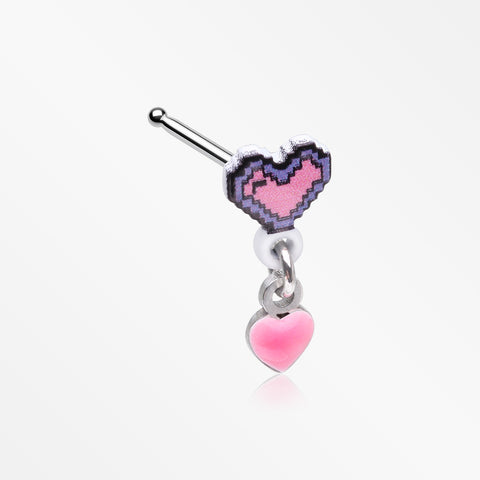 8-Bit Pixel Heart Dangle Gamer Nose Stud Ring-Pink