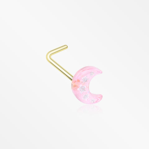Golden Kawaii Pop Moon Glitter Sparkle L-Shaped Nose Ring-Pink/White