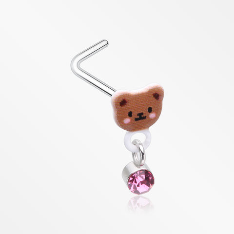Adorable Teddy Bear Sparkle Dangle L-Shaped Nose Ring-Pink