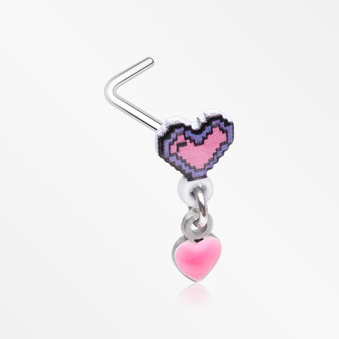 8-Bit Pixel Heart Dangle Gamer L-Shaped Nose Ring-Pink