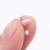Detail View 2 of Kawaii Pop Fluffy Bow-Tie Pearlescent Dangle L-Shaped Nose Ring-Pink/White