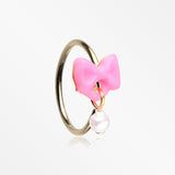 Golden Kawaii Pop Bow-Tie Pearl Dangle Bendable Hoop Ring-Pink/White