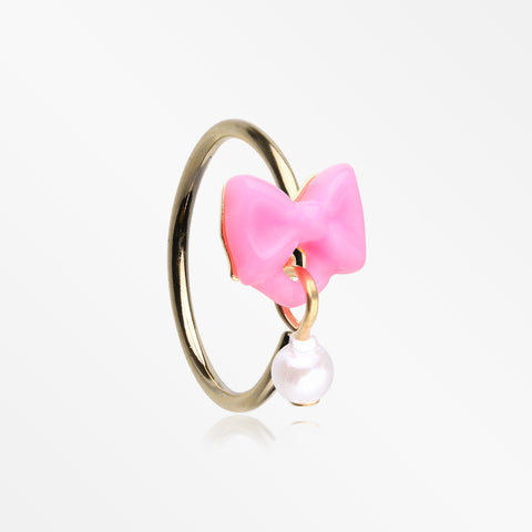 Golden Kawaii Pop Bow-Tie Pearl Dangle Bendable Hoop Ring-Pink/White