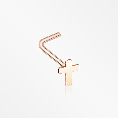 Rose Gold Dainty Cross Icon L-Shaped Nose Ring-Rose Gold