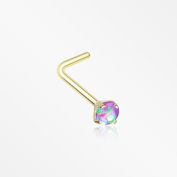 Golden Opal Sparkle Prong Set L-Shaped Nose Ring-Purple