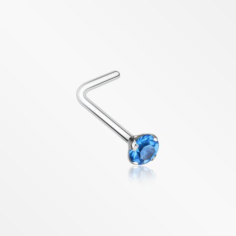 Prong Set Gem Top Steel L-Shaped Nose Ring-Blue