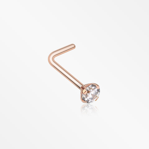 Rose Gold Prong Set Gem Top L-Shaped Steel Nose Ring-Clear