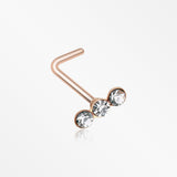 Rose Gold Triple Linear Gem L-Shaped Nose Ring-Clear