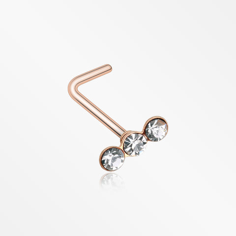Rose Gold Triple Linear Gem L-Shaped Nose Ring-Clear