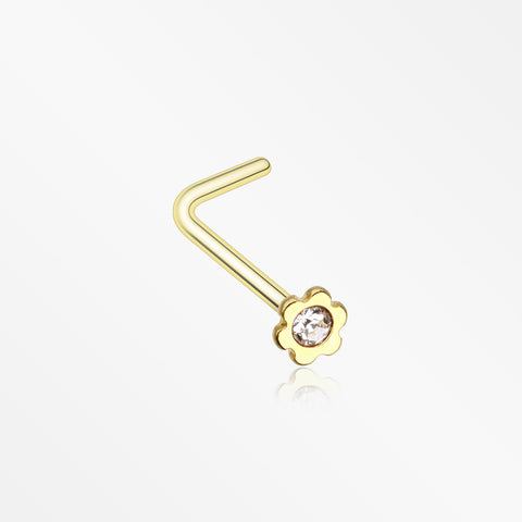 Golden Flower Icon Sparkle L-Shaped Nose Ring-Clear