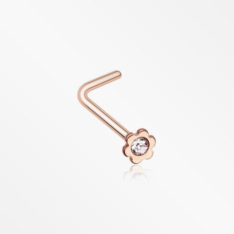 Rose Gold Flower Icon Sparkle L-Shaped Nose Ring-Clear