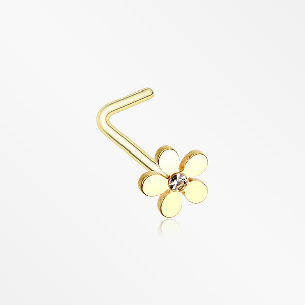 Golden Grand Plumeria L-Shaped Nose Ring-Clear
