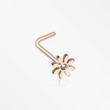 Rose Gold Cutesy Daisy Flower Sparkle L-Shaped Nose Ring-Clear